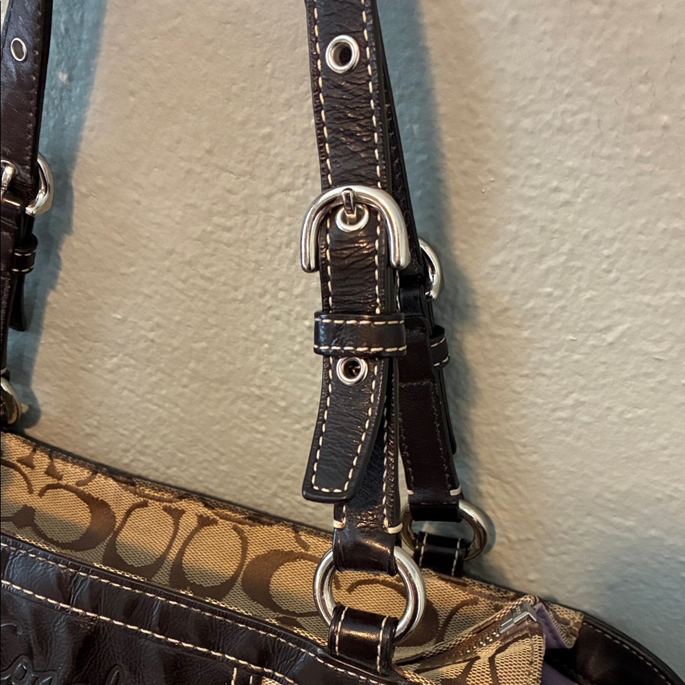 Coach Tan and Brown Signature Pleated Gallery Shoulder Handbag Tote - Picture 5 of 15